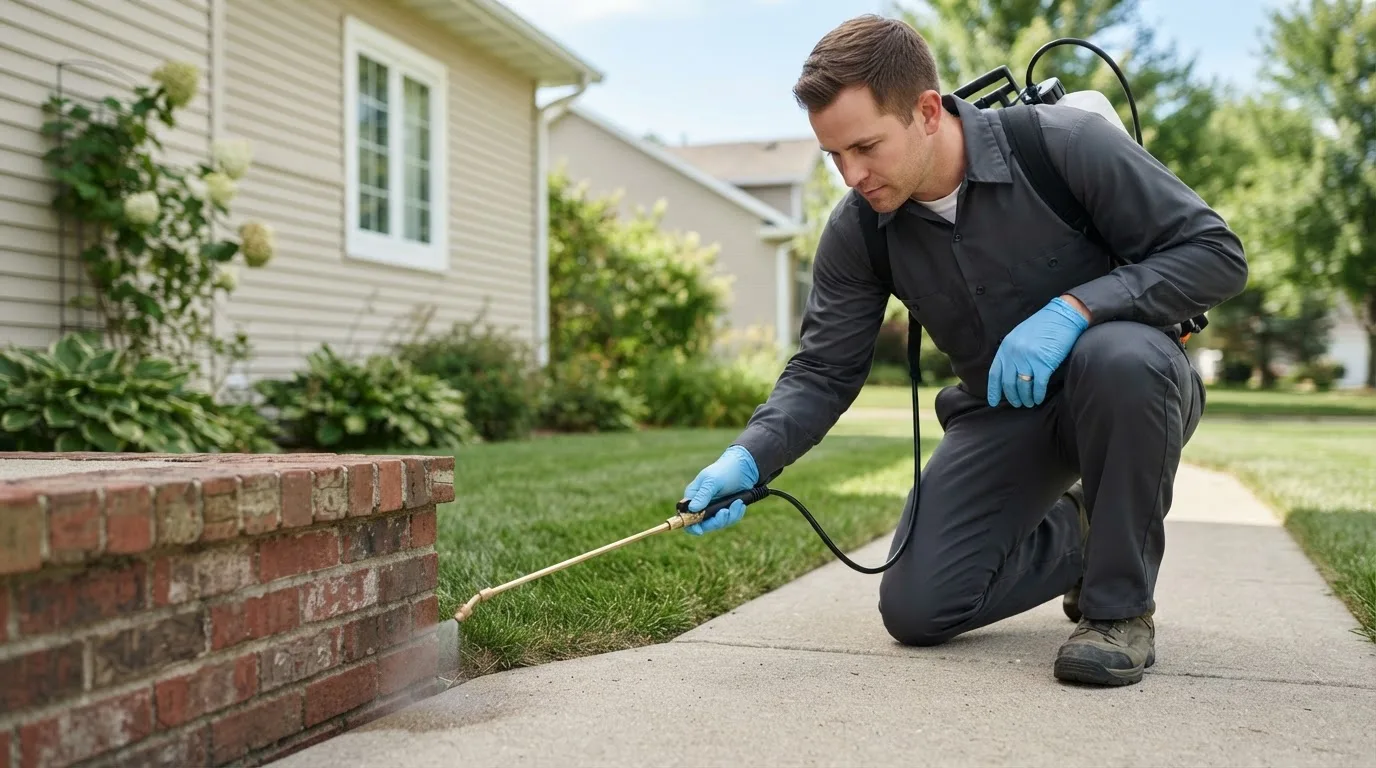 Pest control technician treating a home near West Boylston, MA